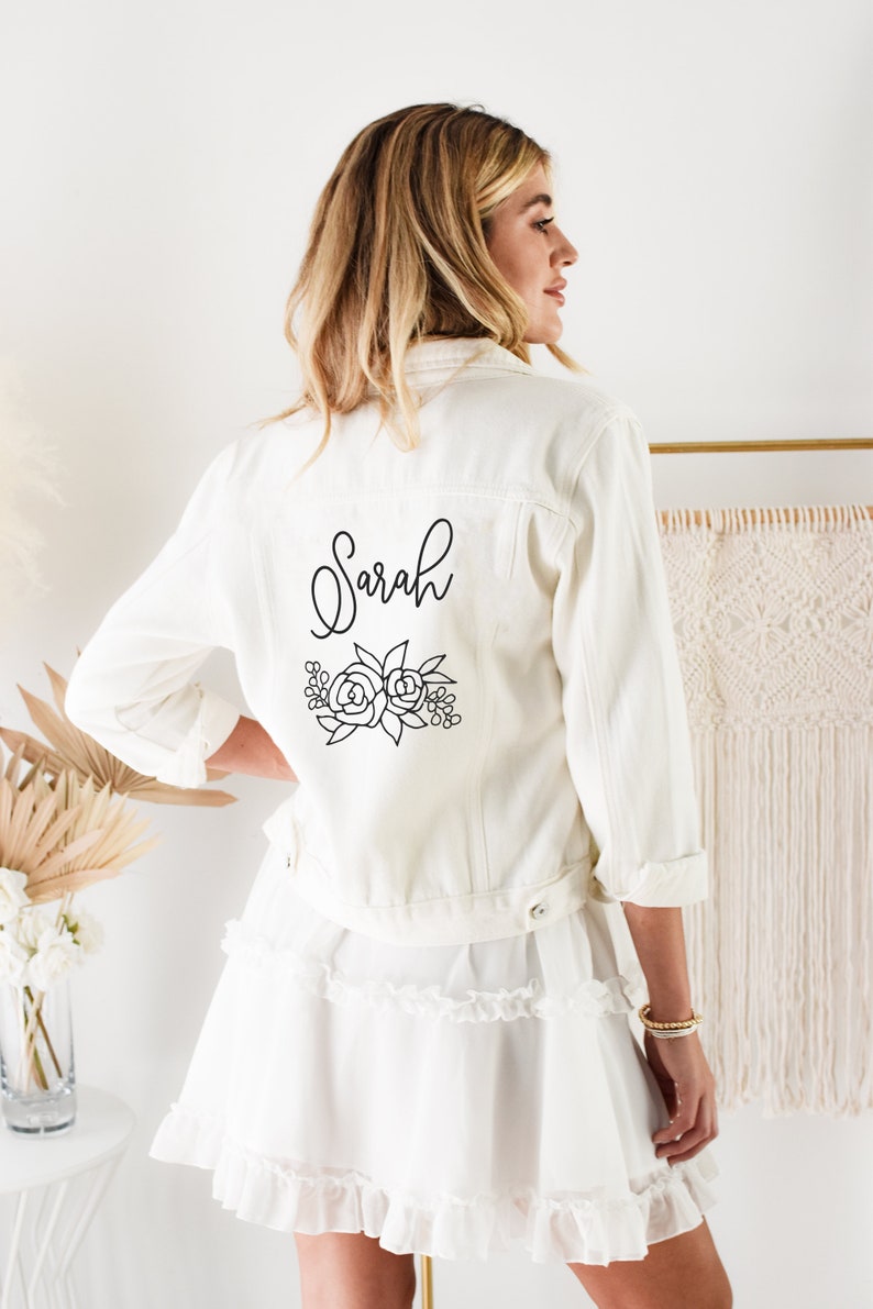 Custom Mrs Jacket White Bride Denim Jacket Personalized Custom Wedding Jacket Gift Bride Jean Jacket MRS Jacket Bride to Be Gift EB3362P image 6