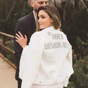 Bride Jacket | Custom Bride Denim Jacket | Engagement Photo Outfit | Mrs Denim Jacket | New Last Name Gift Idea (EB3362SQP) - WHITE Jacket