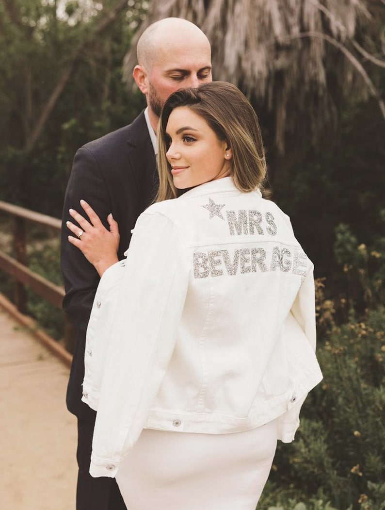 Personalized Wedding Jacket Bride Denim Jacket Bride Jean Jacket Personalized Jacket Mrs Jacket Bridal Shower Gift Ideas EB3362SQP WHITE image 6