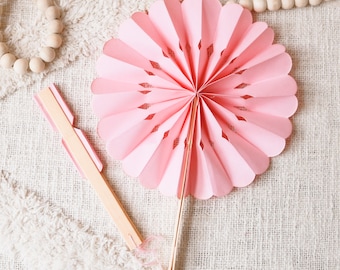 Pink Paper Fan - Rosette Paper Fans - Baby Shower Favor Idea - Summer Favor - Pink Favor - Fan Favor (EB2355) Set of 12|