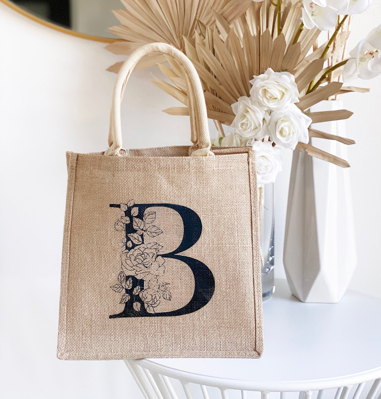 JUSTOTRY Initial Tote Bag - Natural Jute Large 13OZ Utility Personalized Canva Tote Bag Monogrammed Gift For Women