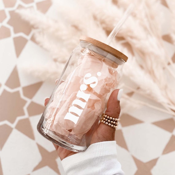 Bride Iced Coffee Cup Mrs Glass Cup with Lid Straw Bride Glass Can for Future Mrs Engagement Bridal Shower Gift for Bride to Be (EB3496BRD) Il_570xn