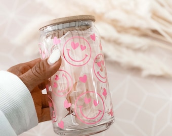 Heart Eyes Smiley Face Coffee Cup Valentines Day Gift Ideas for Friends Iced Coffee Glass Galentine's Day Gift Ideas Party Favors (EB3496SF)