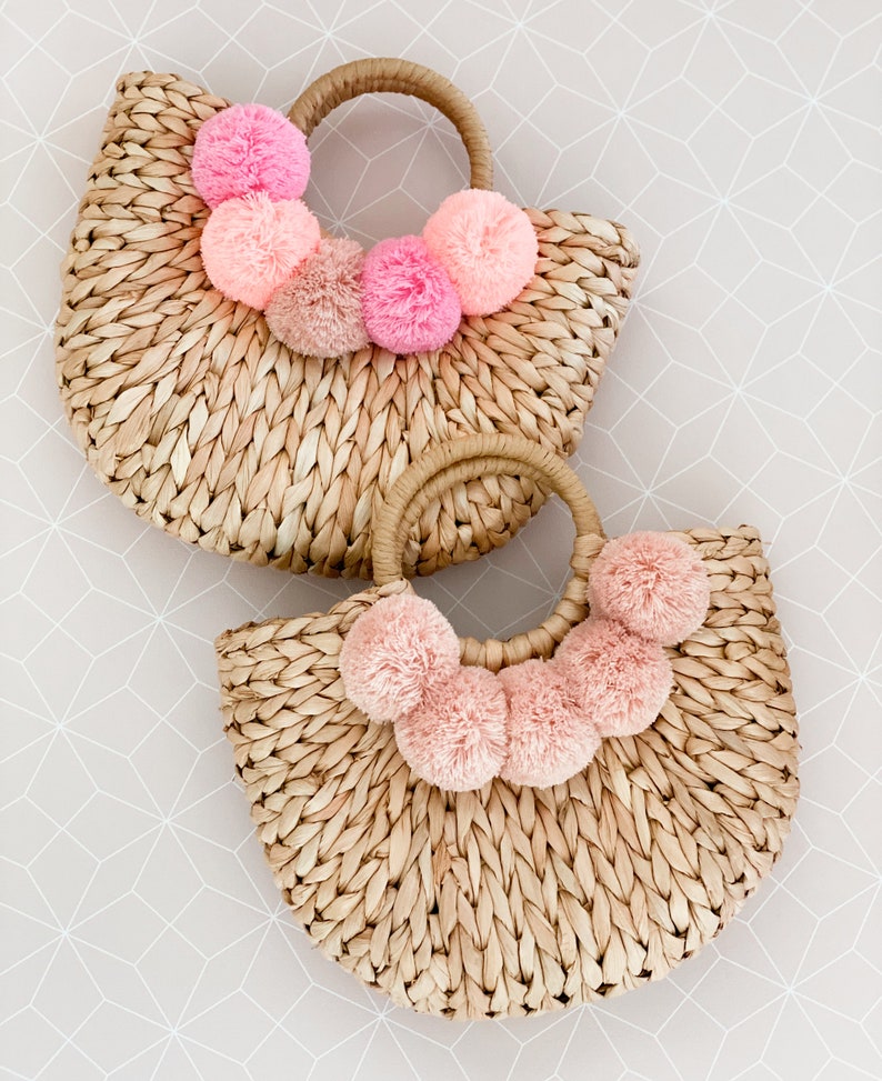 Pom Pom Purse Women Straw Purse Pink Beach Travel Vacation Bag Etsy