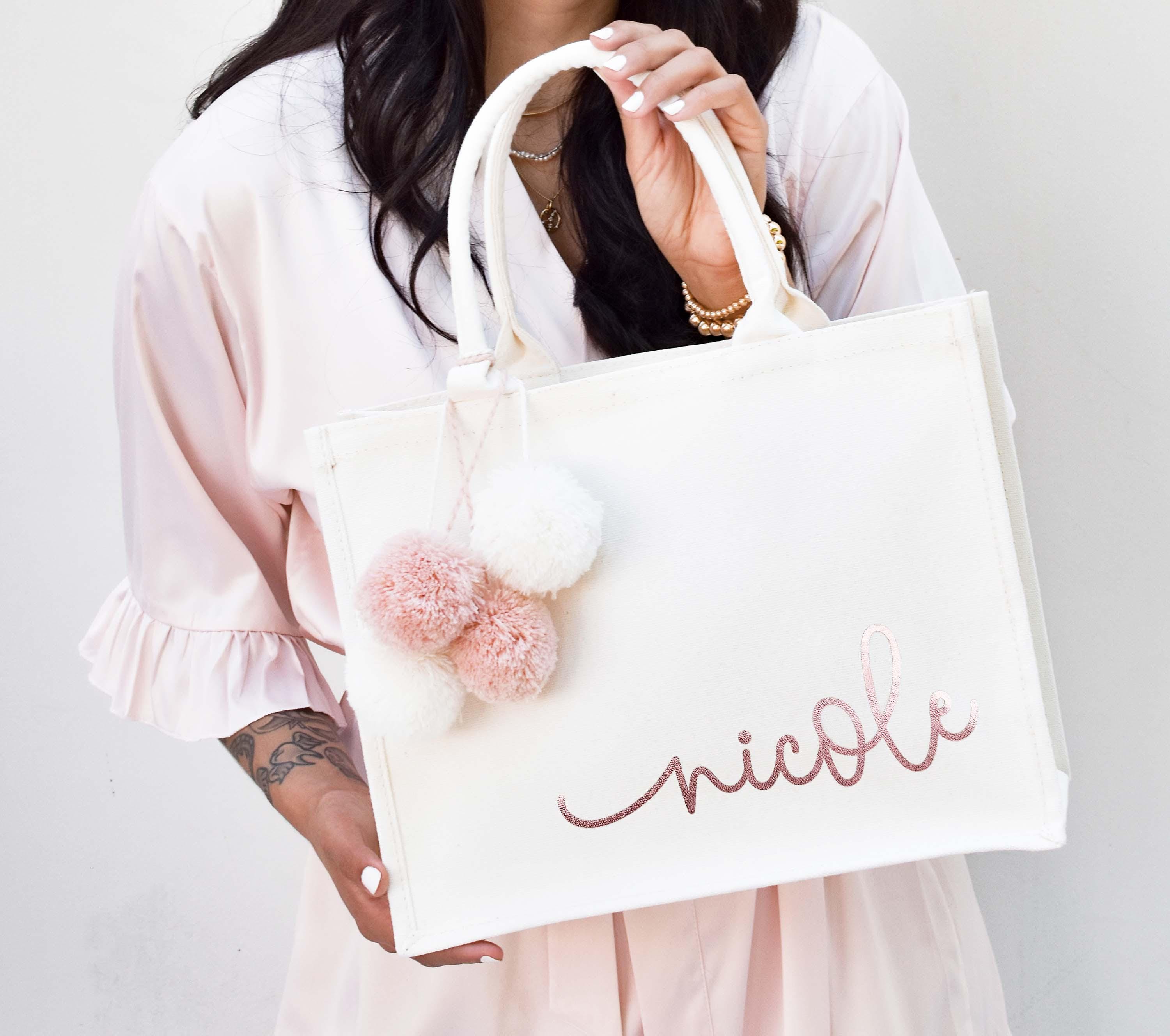 Bridesmaid Gift Bags Tote Bag Personalized Custom Canvas Bags w/ Name Maid of Honor Thank You Gift Ideas Rose Gold Foil Packaging (EB3529DW)