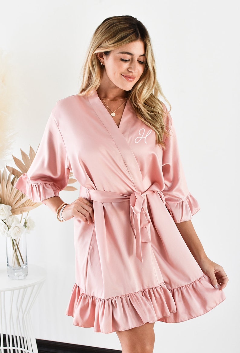 Bridesmaid Robes Ruffled Monogram Bridesmaid Robes Pretty Bridesmaid Getting Ready Robes Unique Bride & Maid of Honor Robes Satin EB3377M image 2