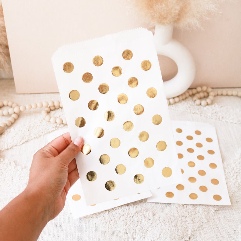 White & Gold Wedding Favor Bags Gold Polka Dot Candy Buffet Bags Gold Foil Printed Favor Bags for Candy Buffet EB3038 set of 12 bags image 1