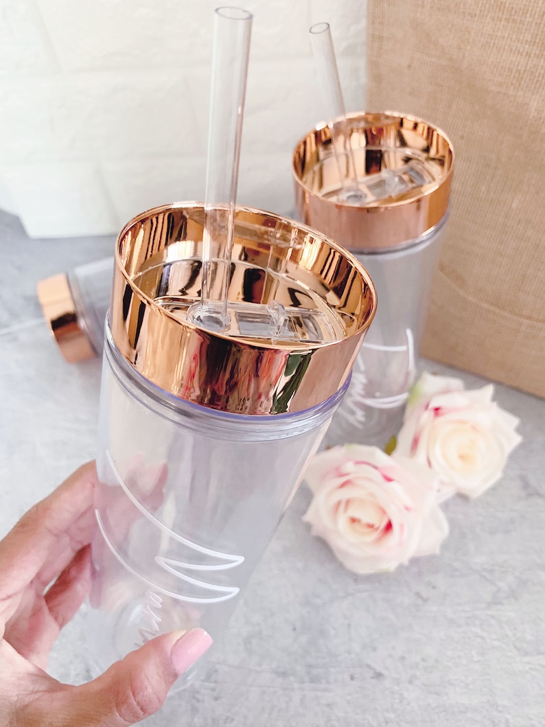 Rose Gold Tumbler With Straw Personalized Bridesmaid Tumblers Etsy Canada