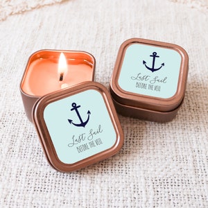 Tropical Candle Favors - Candle Tins w Custom Labels - Nautical Parting Favors - Beach Wedding Candle Party Favors  (EB3400TPB) - 12| pcs