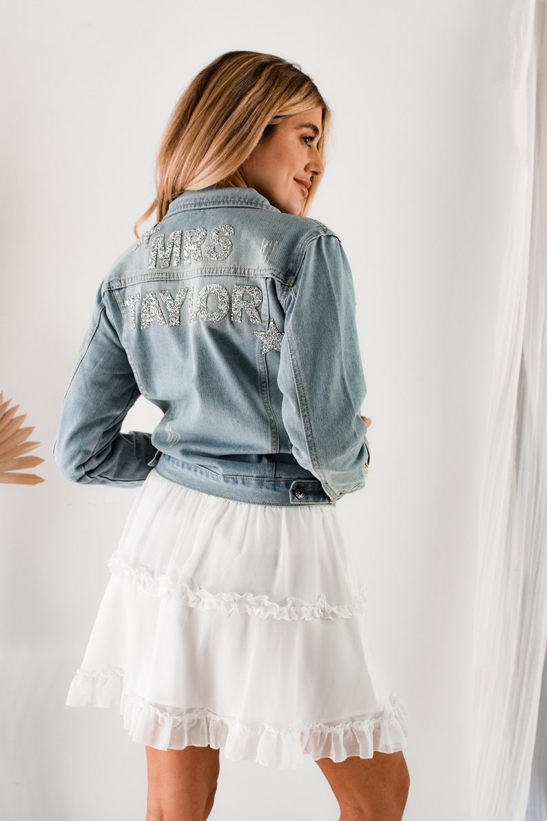 Personalized Jean Jacket Bride Denim Jacket Bride Jacket Personalized Jacket Custom Wedding Jacket Glam Bride Gift Ideas EB3343SQP image 2