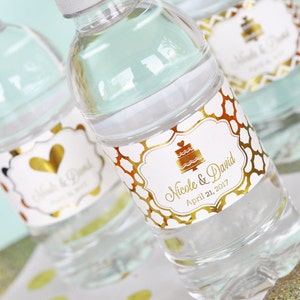 Personalized Wedding Water Bottle Labels Mint and Gold Bridal Shower Water Labels - Foil Print Label Water Stickers (EB2350FW) set of 18|