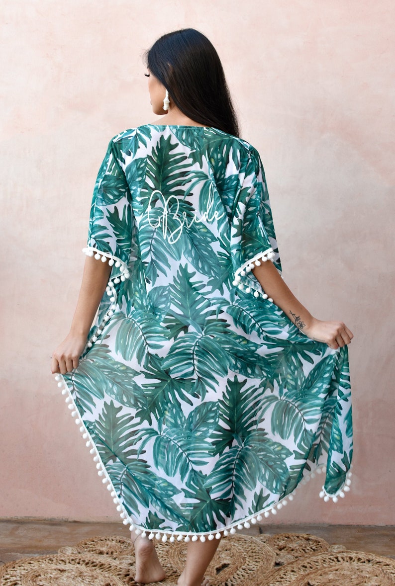 Bride Swim Cover Up Palm Leaf Bride Swimsuit Cover Up Beach Bride Gifts Honeymoon Gifts for Bride Bride Pom Pom Cardigan (EB3392WD)