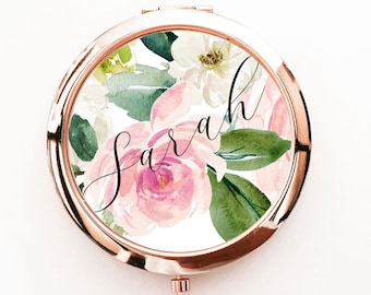 Floral Bridesmaid Gift Personalized Mirror Compacts Women Personalized Gifts for Her Rose Gold Gift Spring Bridesmaid Gifts (EB3166SPFL)