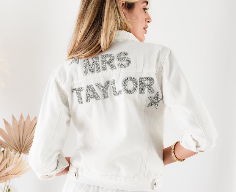 Personalized Wedding Jacket Bride Denim Jacket Bride Jean Jacket Personalized Jacket Mrs Jacket Bridal Shower Gift Ideas EB3362SQP WHITE image 1