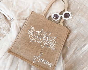 Flower Girl Tote Bag - Personalized Beach Bags for Girls Teen Girl Gift Bag Junior Bridesmaid Bag Floral Burlap Tote Jute Tote (EB3259FDO)