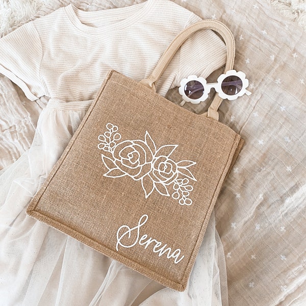 Flower Girl Tote Bag - Personalized Beach Bags for Girls Teen Girl Gift Bag Junior Bridesmaid Bag Floral Burlap Tote Jute Tote (EB3259FDO)