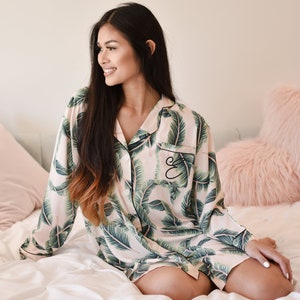 Palm Leaf Sleep Shirts - Monogram Pajamas for Women Sleep Shirts Tropical Bridesmaid Shirts Pjs Pajamas Button Down Shirts  (EB3391M)