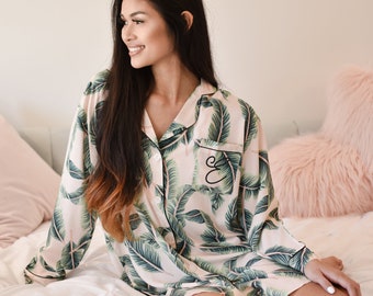 Palm Leaf Sleep Shirts - Monogram Pajamas for Women Sleep Shirts Tropical Bridesmaid Shirts Pjs Pajamas Button Down Shirts  (EB3391M)