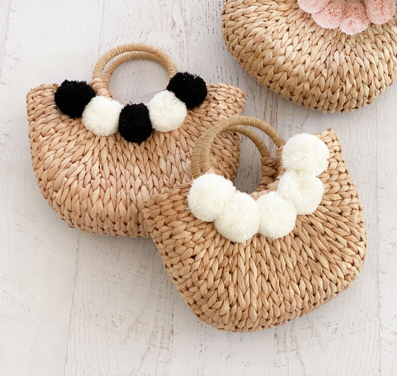 Pom Pom Straw Purse for Women Birthday Gifts for Her Beach Bag Purse Bridesmaid Purse (EB3354) 