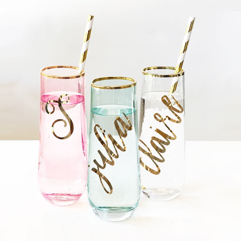 Personalized Bridesmaid Gift Pink Glasses Mint Glasses Gold Rim Glasses Bridesmaid Champagne Flutes Personalized Wine Glasses EB3210 image 1