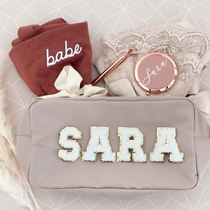 Personalized Make Up Bags Women Bachelorette Party Favors Gifts for Women Friends Teens Large Pouch with Varsity Letters Custom (EB3497P)