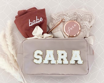 Personalized Make Up Bags Women Bachelorette Party Favors Gifts for Women Friends Teens Large Pouch with Varsity Letters Custom (EB3497P)