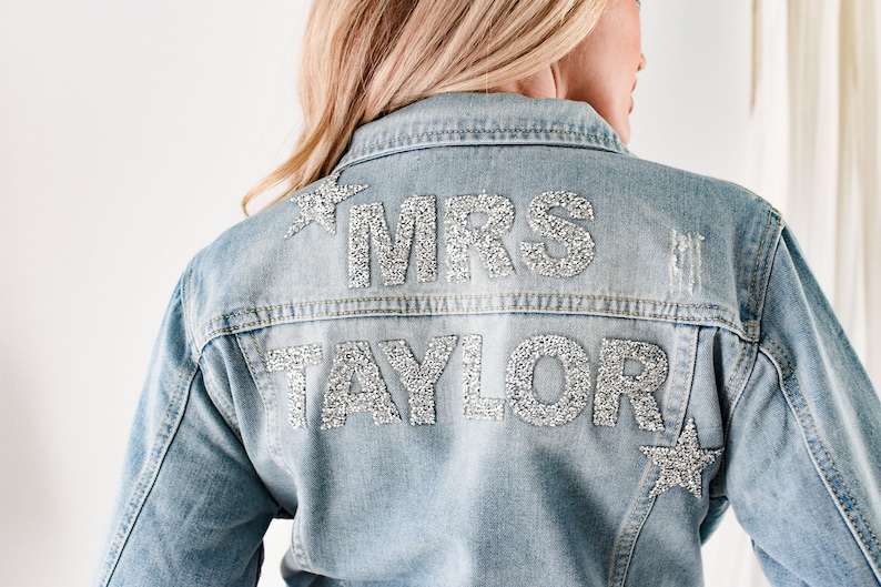 Personalized Jean Jacket Bride Denim Jacket Bride Jacket Personalized Jacket Custom Wedding Jacket Glam Bride Gift Ideas EB3343SQP image 1