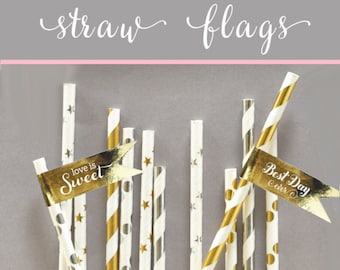 Gold Wedding Straw Tags - Black and Gold Straws Flag - Gold Foil Straw Flag - Siver & Gold Wedding Decorations (EB2351FW) set of 20| labels