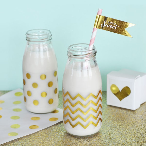 Gold Foil Milk Bottle Labels - Chevron Polka Dot Labels for Milk Bottle Glasses (EB3035) - set of 12 Clear LABELS ONLY with Gold Foil Print