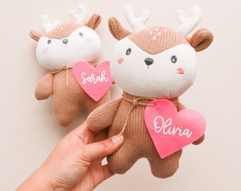 Valentine Plush Deer Personalized Custom Valentine's Day Gift for Kids Plushie Toddler Gift Cute Custom Stuffed Animal w/ Heart (EB3503HRT)