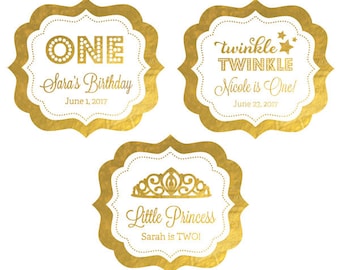 1st Birthday Stickers - 1st Birthday Labels - First Birthday Stickers - Gold Birthday Party Favor Stickers (EB3020FY) set of 24| labels