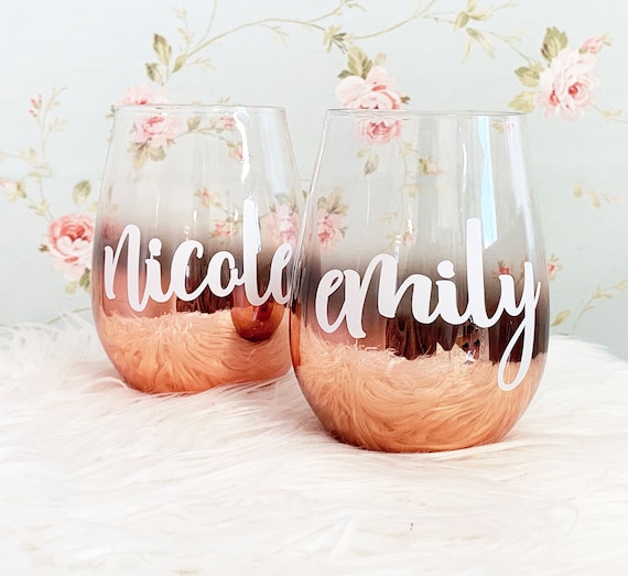 Personalized Stemless Bridesmaid Glasses ROSE GOLD Wine Glasses