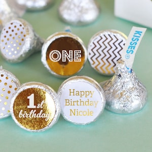 1st Birthday Hershey® Kiss Sticker - First Birthday Kiss Labels - Personalized Hersheys® Kisses (EB4003FY) - 108 PRINTED labels