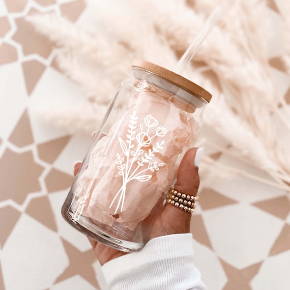 Wildflower Cup Iced Coffee Glass Floral Glass Can With Lid Straw