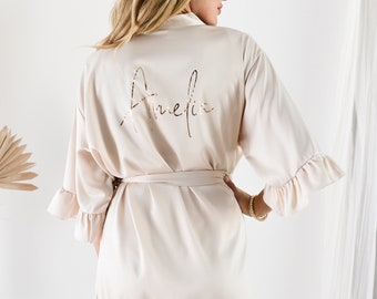 Champagne Robes for Bridesmaid Ruffle Robes Personalized Bridesmaid Robes with Names Satin Bridal Party Robes Custom Robes Woman (EB3377P)