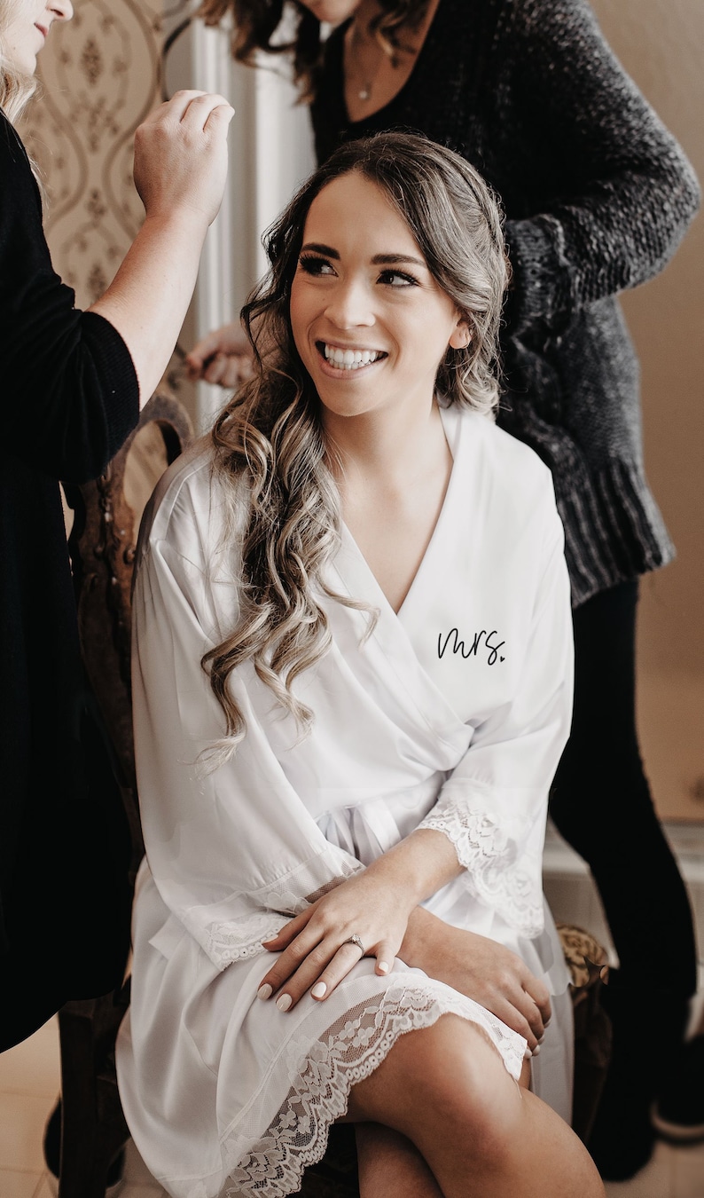 Mrs Robe White Bride Robe Satin Lace Bride Robe Bridal Shower Etsy