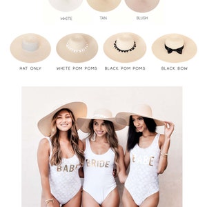 White, tan, and blush pink sun hat. Tan sun hat, tan sun hat with white pom poms, tan sun hat with black pom poms, tan sun hat with black bow.