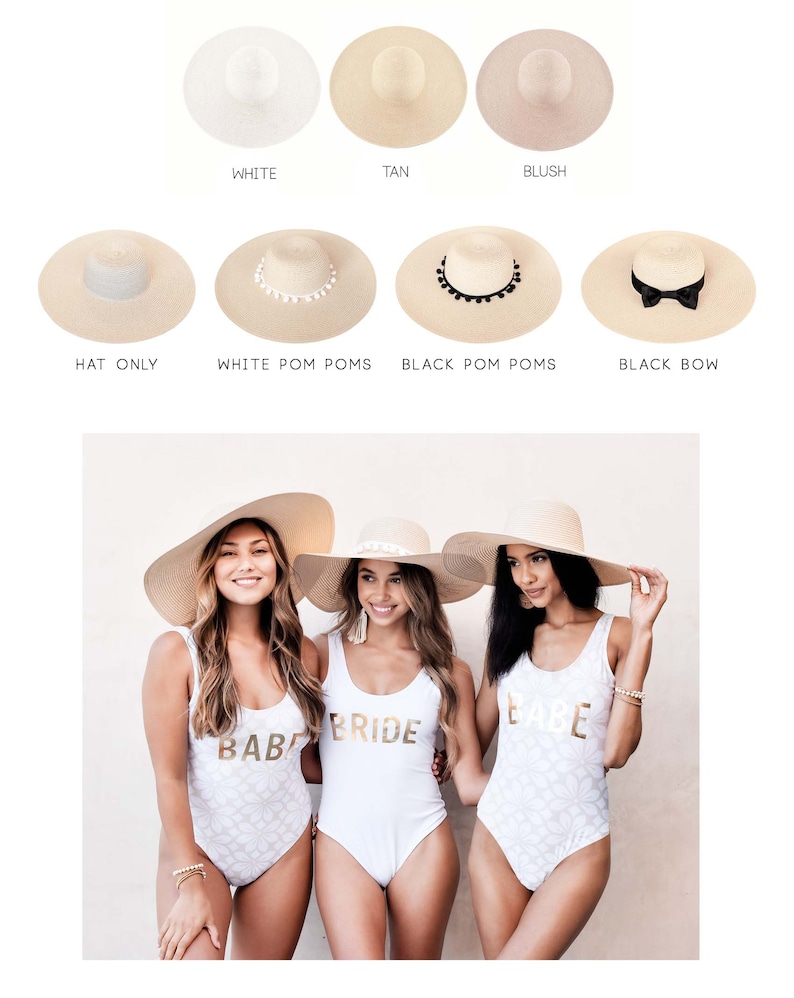 White, tan, and blush pink sun hat. Tan sun hat, tan sun hat with white pom poms, tan sun hat with black pom poms, tan sun hat with black bow.