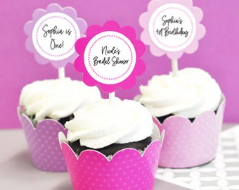 Personalized Cupcake Toppers Custom Cupcake Toppers & Cupcake Wrappers Set of 24 - CHOOSE COLOR (EB2305CT)