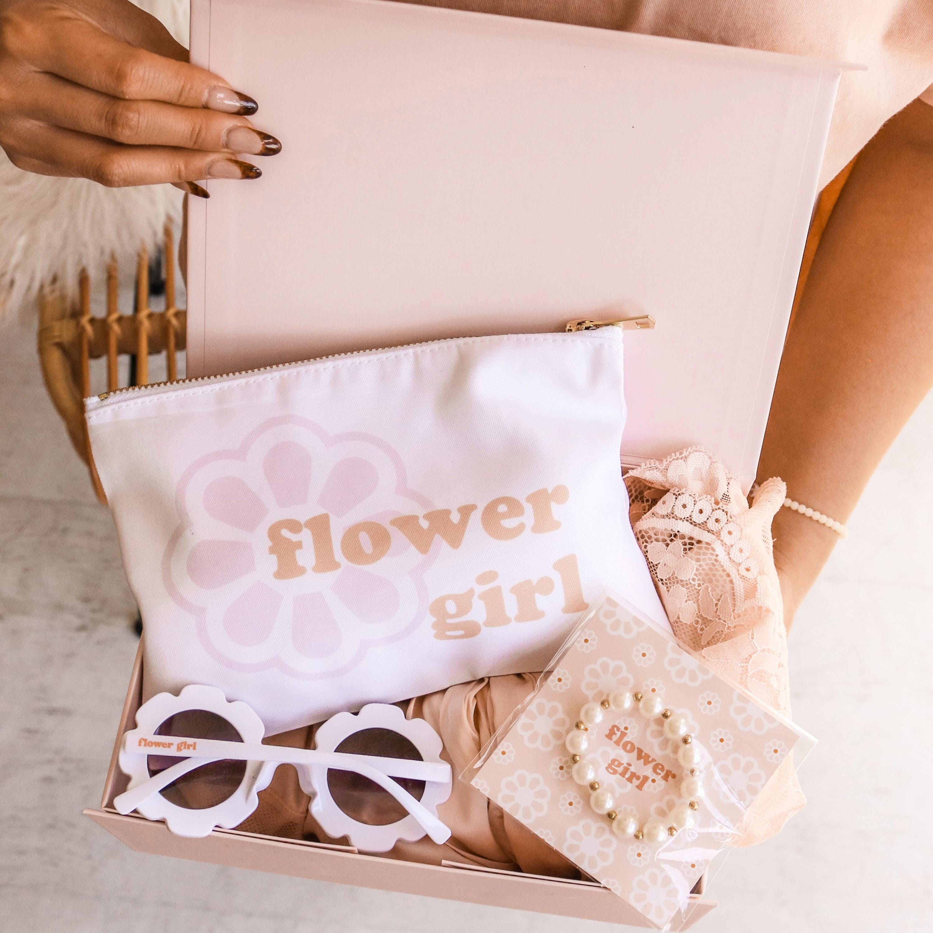 FLOWER GIRL Complete Gift Box Set Filled with Satin Lace Robe, Sunglasses, Wedding Box, Custom Proposal Box for Flower Girl (EB3541LPFLG)