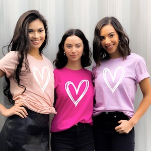 Valentine&#39;s Day Shirt for Women Galentines Day Shirt for Friends Heart Shirt Valentine Shirt Hot Pink, Blush, Lilac (EB3291VAL) Semi-Fitted
