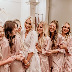 Custom Bridesmaid Robes - Satin Ruffled Robes - Personalized Wedding Robes - White & Pink Bridal Party Robes - Getting Ready Robes (EB3377P)