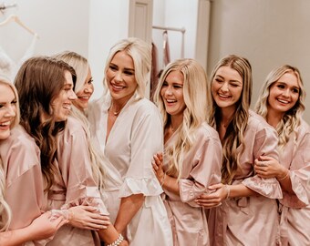 Custom Bridesmaid Robes - Satin Ruffled Robes - Personalized Wedding Robes - White & Pink Bridal Party Robes - Getting Ready Robes (EB3377P)