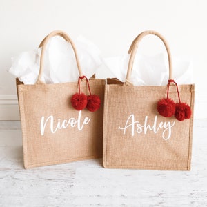 Personalized Christmas Gift Bags - Custom Holiday Tote Bags with Red Pom Pom - w/Hanging Charm - Custom Name Gift Bag for Friends (EB3259P)