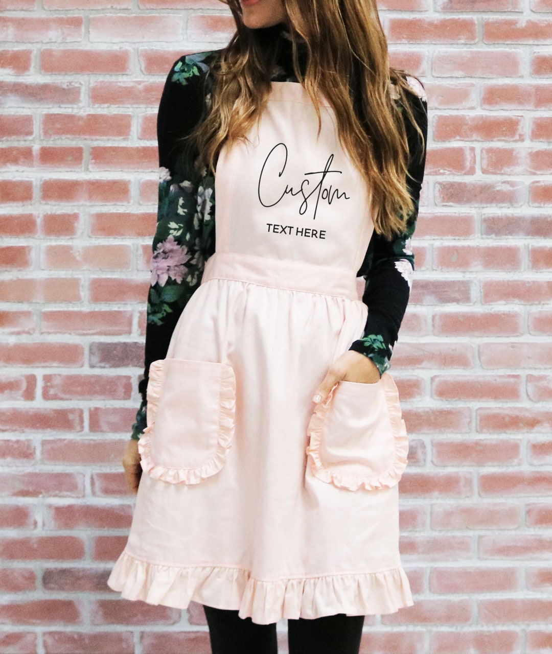 Custom Aprons for Womens Aprons Ruffled with Pockets Hostess Gift Ideas Personalized Apron Pink Aprons Personalized (EB3353CT)
