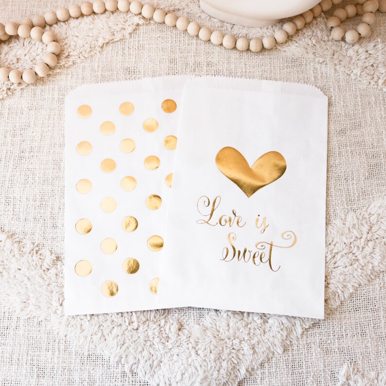 White & Gold Wedding Favor Bags Gold Polka Dot Candy Buffet Bags Gold Foil Printed Favor Bags for Candy Buffet EB3038 set of 12 bags image 4