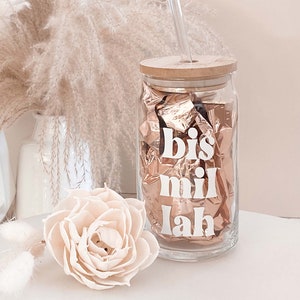 Bismillah Glass Can Cup Ramadan Gifts Eid Gifts for Muslims Iced Coffee Cup with Lid and Straw Glass Can Fasting Eid Gift Ideas (EB3496EID)