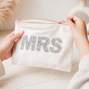 Sparkly Mrs Makeup Bag - Velvet Cosmetic Bag For Her - Bride to Be Gift Idea - Bridal Shower Bachelorette Party Gift (EB3456SQMRS)