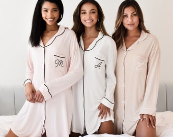 Pink Pajama Shirts for Women Sleep Shirts Monogram Pajamas for Bridesmaids Monogram Button Down Shirts  (EB3314M)