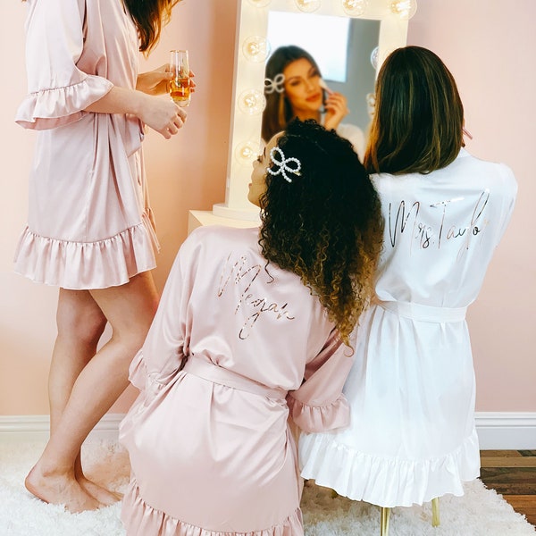 Ruffle Robes for Bridesmaid Robes Personalized Bridesmaid Robes with Names Satin Bridal Robes Bridal Party & Bride Custom Robes (EB3377P)